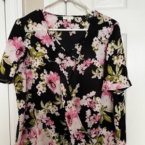 Charming Charlie Pink Floral V-Neck Blouse